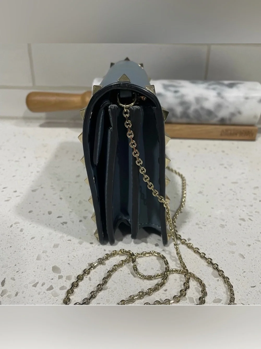 Valentino Garavani authentic Slate Blue Rockstud Crossbody with Gold Chain